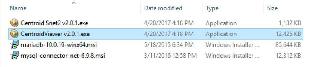 File explorer view showing installation files for CentroidViewer v2.0.1, Centroid Snet2 v2.0.1, along with MariaDB and MySQL Connector installers.