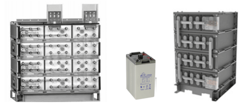 Large VRLA (Valve-Regulated Lead-Acid) multi-cell battery systems shown in steel racks, including one standalone battery unit, designed for industrial backup power and high-capacity energy storage applications.