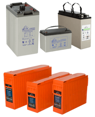 Assorted medium-size VRLA (Valve-Regulated Lead-Acid) multi-cell batteries in various form factors, including gray and orange casing styles, designed for industrial and backup power applications.