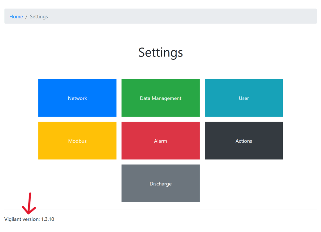 "Settings" screen of the VIGILANT® software where in the lower left under the buttons one can check to confirm the current software version.