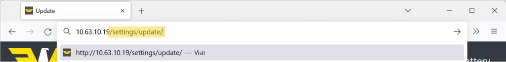 Web browser showing a local IP address (http://10.63.10.19/settings/update/) being accessed for system update settings.
