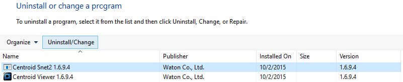 Windows "Uninstall or Change a Program" window showing Centroid Snet2 and Centroid Viewer version 1.6.9.4 installed by Waton Co., Ltd., with options to uninstall or change the programs.