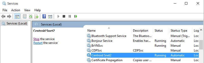 Windows Services management console showing the "Centroid Snet2" service selected and running with an automatic startup type.