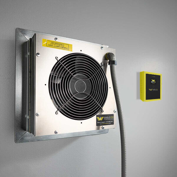 Eagle Eye Power Solutions exhaust ventilation fan and H₂ hydrogen gas detector mounted on wall for battery room cooling and safety compliance.