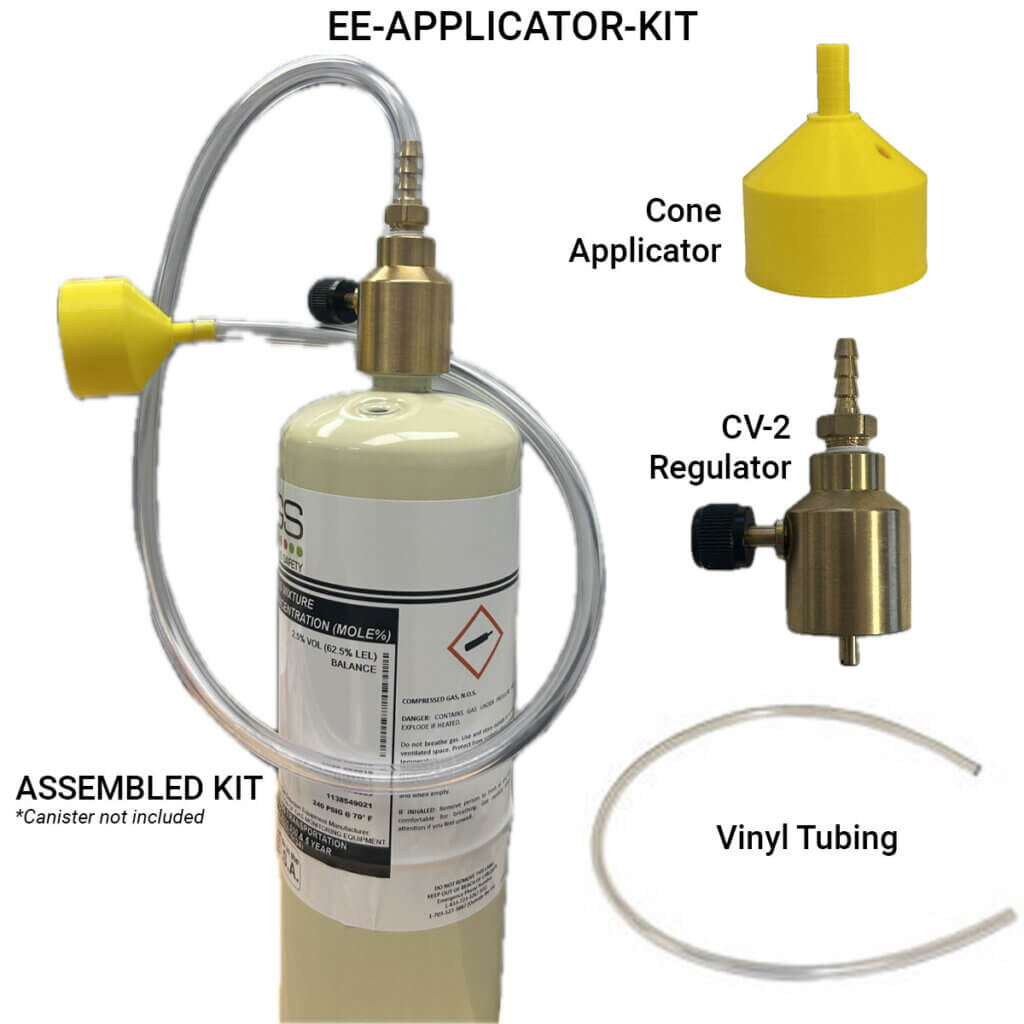 Eagle Eye Power Solutions' EE-APPLICATOR-KIT for H₂ hydrogen gas testing, showing labeled components including the cone applicator, CV-2 regulator, vinyl tubing, and an assembled kit configuration (canister not included).