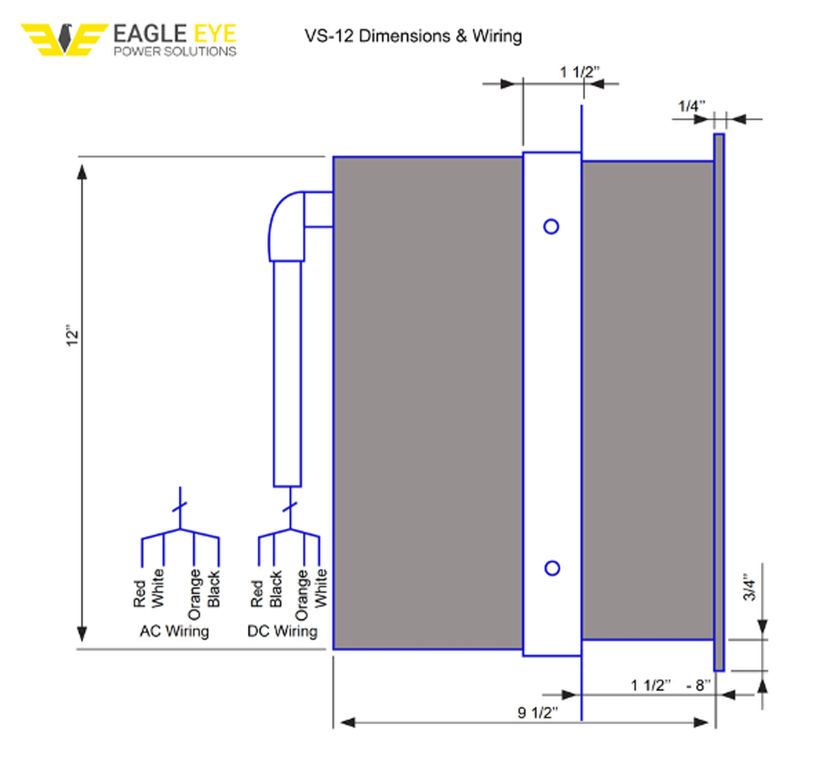 Side-view installation diagram of the Eagle Eye Power Solutions VS-12 24VDC and 48VDC wall-mounted exhaust fan housing.