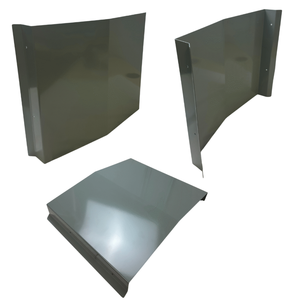 Multiple angled views of the Eagle Eye Power Solutions BC-2500 Drip Shield, a formed metal protective cover designed to deflect overhead drips and debris from the BC-2500 Industrial Battery Charger.