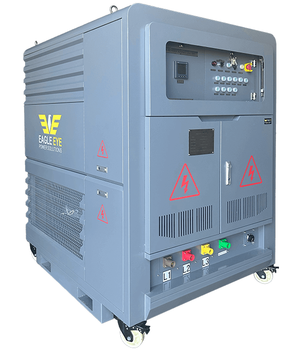 Talon Edge Resistive Portable AC Load Bank from Eagle Eye Power Solutions, a portable wheeled load bank with control panel, power connections, and ventilated enclosure for AC power system testing.