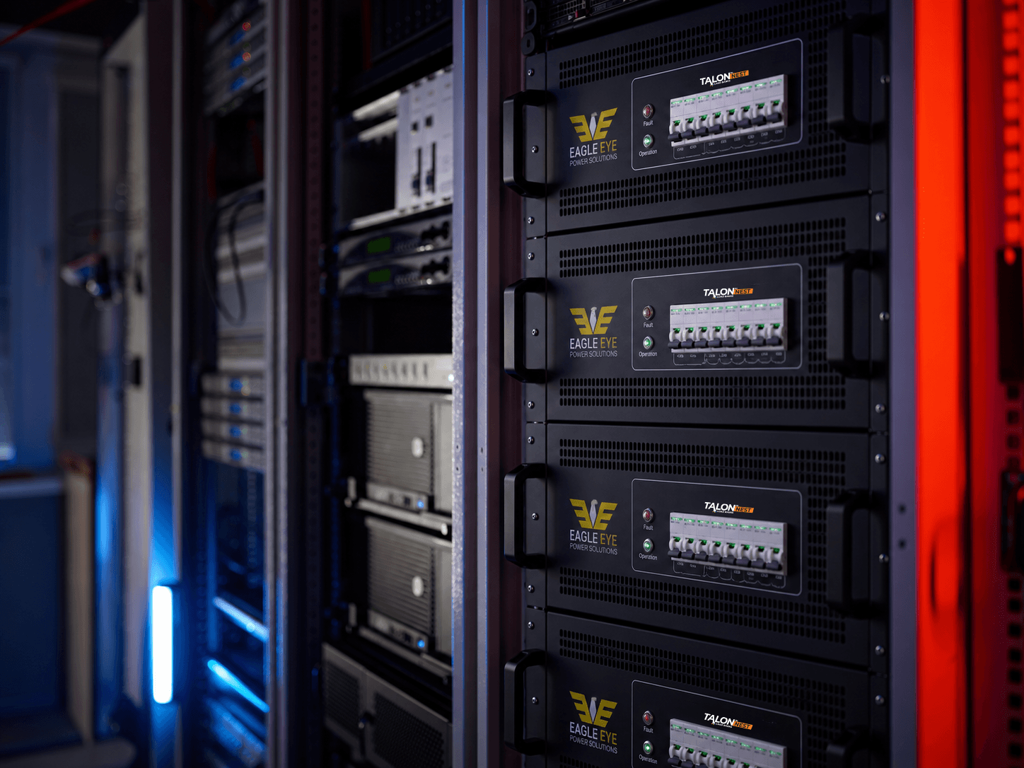 Rack-mounted Eagle Eye Power Solutions Talon™ Nest load banks installed in a data center, illuminated by blue and red lighting.