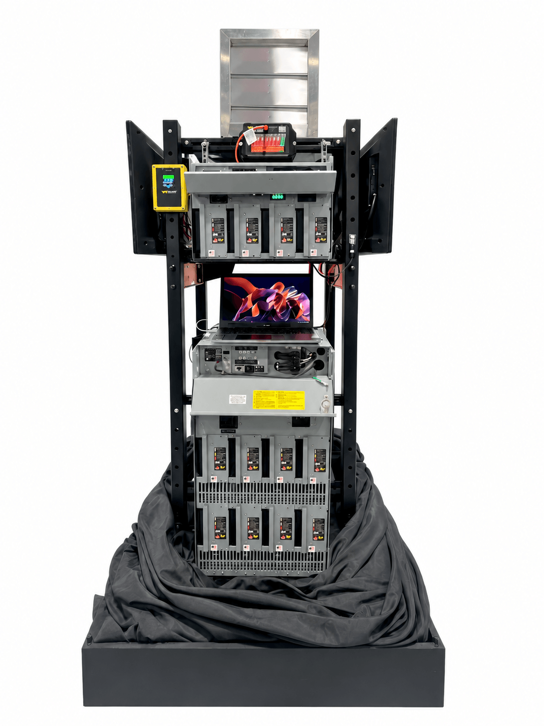 Eagle Eye Power Solutions DC power demonstration rack featuring battery chargers, hydrogen gas detection, ventilation, battery monitoring, batteries, and supporting equipment.