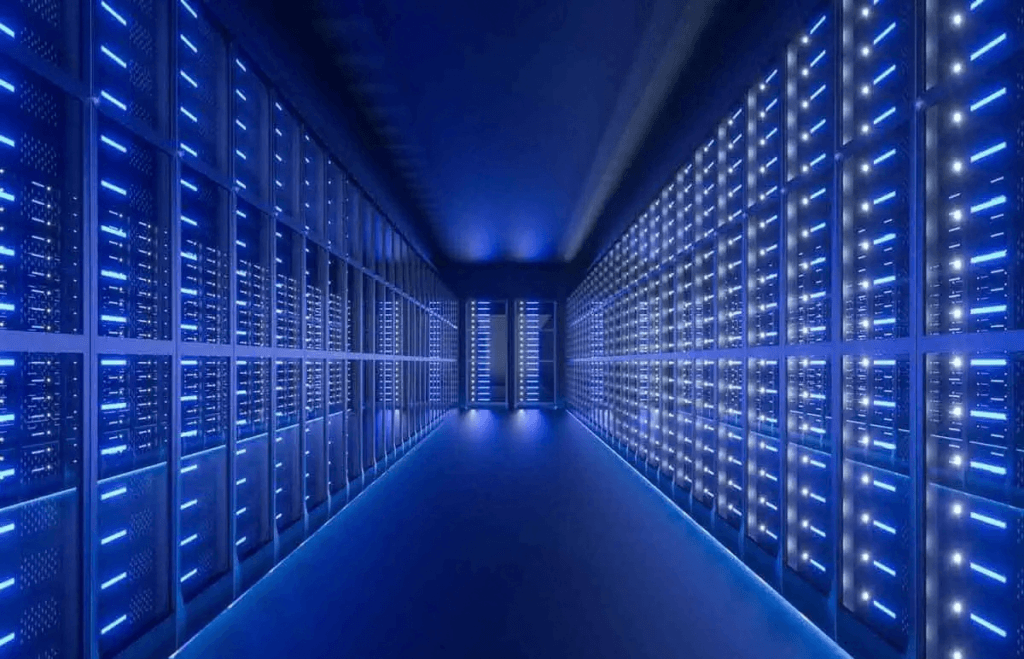 Inside view of a data center with lit up leds on the walls