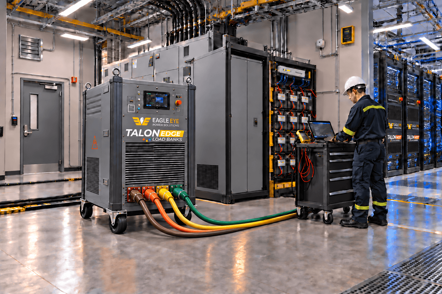 Eagle Eye Power Solutions technician commissioning TALON™ load banks, PowerEye UPS battery monitoring, and HGD-5000 gas safety equipment in a data center.